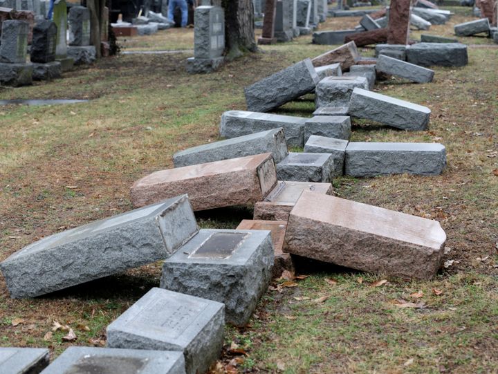 A row of more than 170 toppled Jewish headstones at the Chesed Shel Emeth Cemetery