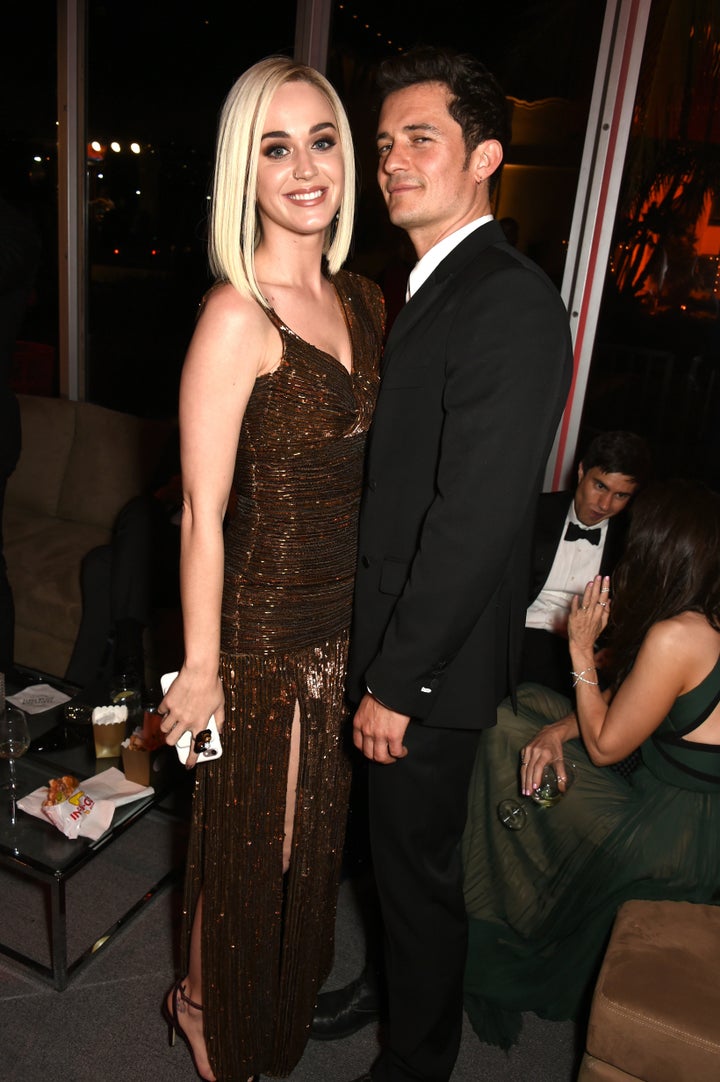 Perry and Bloom pose inside the Vanity Fair Oscar Party on Sunday.