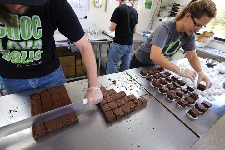 Smaller-dose pot-infused brownies are divided and packaged at The Growing Kitchen in Boulder, Co.