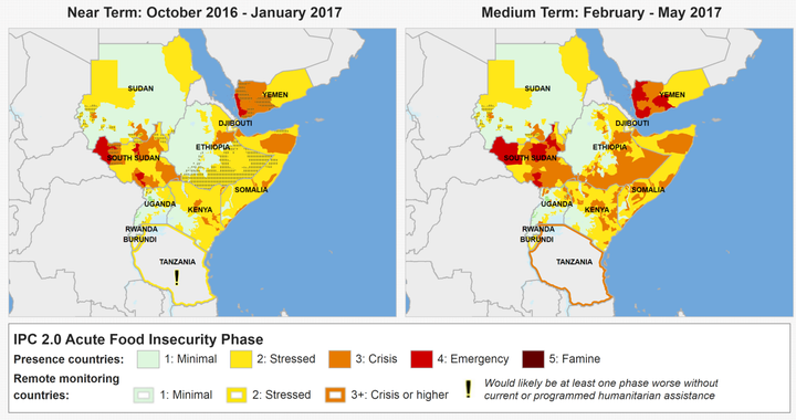 <p>Food security situation in May 2017. IPC Phase 2 – Stressed (yellow); Phase 3 – Crisis (orange) and Phase 4 – Emergency (red). </p>