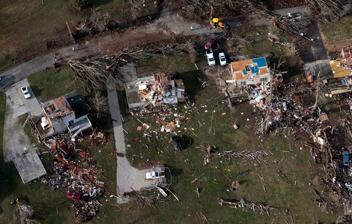 Damaged and destroyed homes lie in a small subdivision off Highway 61 in Perryville on Wednesday, March 1, 2017, the morning