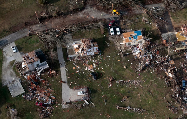 Damaged and destroyed homes lie in a small subdivision off Highway 61 in Perryville on Wednesday, March 1, 2017, the morning after a tornado struck the area. One person was killed when the tornado struck Interstate 55.