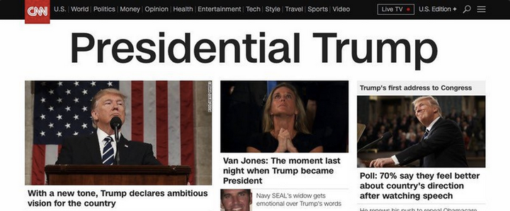 CNN highlighted Trump's "presidential" tone on Wednesday's homepage, via @JuddLegum.