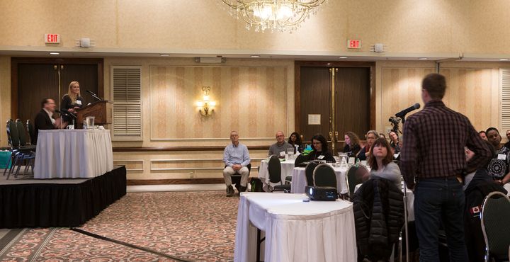 A young organic farmer, Martin Boettcher, asks a question at the Canadian Organic Growers Toronto chapter conference this past weekend. 