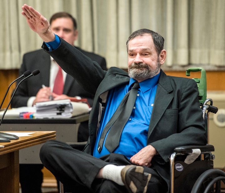 Frazier Glenn Miller makes a Nazi salute after being found guilty on Aug. 31, 2015, in the deaths of Reat Griffin Underwood, Dr. William L. Corporon and Teresa R. LaManno.