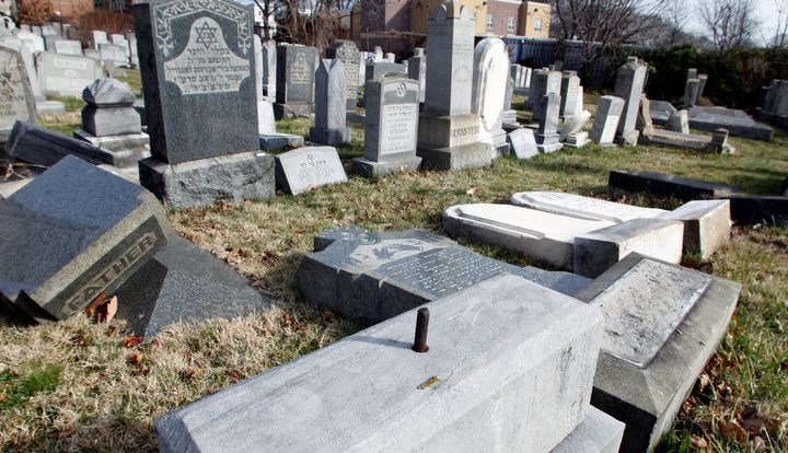 Headstones lay on the ground after vandals pushed them off their bases in the Mount Carmel Cemetery, a Jewish cemetery, in Philadelphia, Pennsylvania. February 27, 2017.