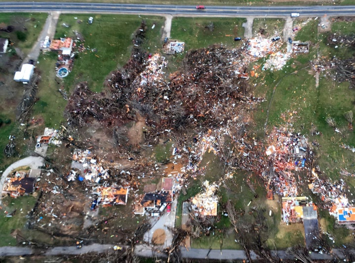 Debris marks the spots where Tuesday's tornado destroyed homes in the Perryville, Missouri, on Wednesday, March 1 2017, along Highway 61.