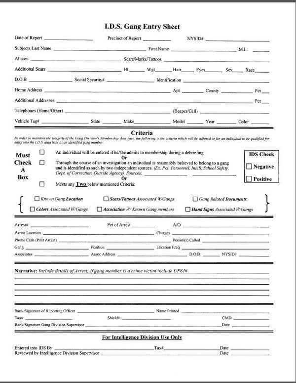 NYPD “Gang Entry Sheet” used to designate someone a gang member