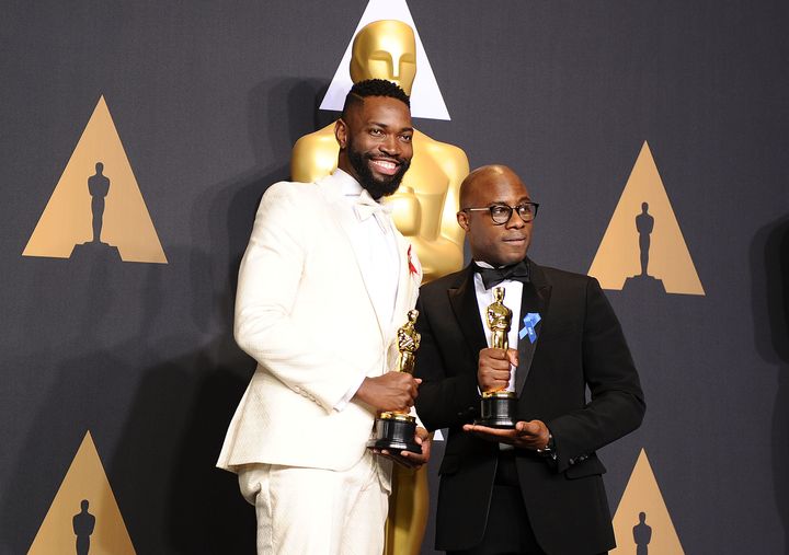 Playwright Tarell Alvin McCraney (left) -- who wrote “In Moonlight Black Boys Look Blue,” which the film “Moonlight” is adapted from -- with director Barry Jenkins after the 89th annual Academy Awards.