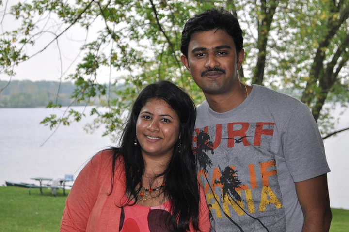 Sunayana Dumala pictured with her husband, Srinivas Kuchibhotla. Kuchibhotla, 32, was fatally shot in what is now b