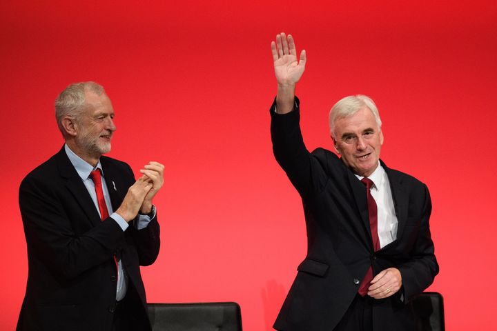 Jeremy Corbyn congratulates John McDonnell after his 2016 conference speech