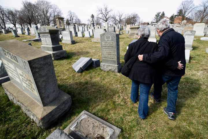 Mark and Mickey Levin visit the Mt. Carmel Jewish Cemetery in Pennsylvania on Feb. 27, 2017. There, they find that a family grave was among those that had been vandalized.