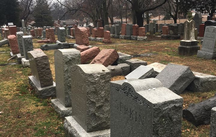 Overturned headstones lie adjacent to the burial plot of the author’s great-grandmother Sarah Serkin in Chesed Shel Emeth Cemetery in suburban St. Louis.