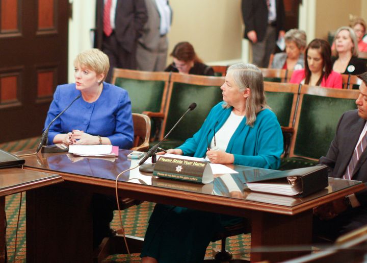 Alison Arngrim, left, testifies in the California Senate to help close the loophole that used to allow child predators to avoid jail time if their victims were related to them.