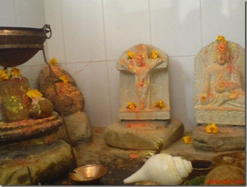 <p>Christ, Buddha and Hindu Deities in a Nepali Shrine</p>