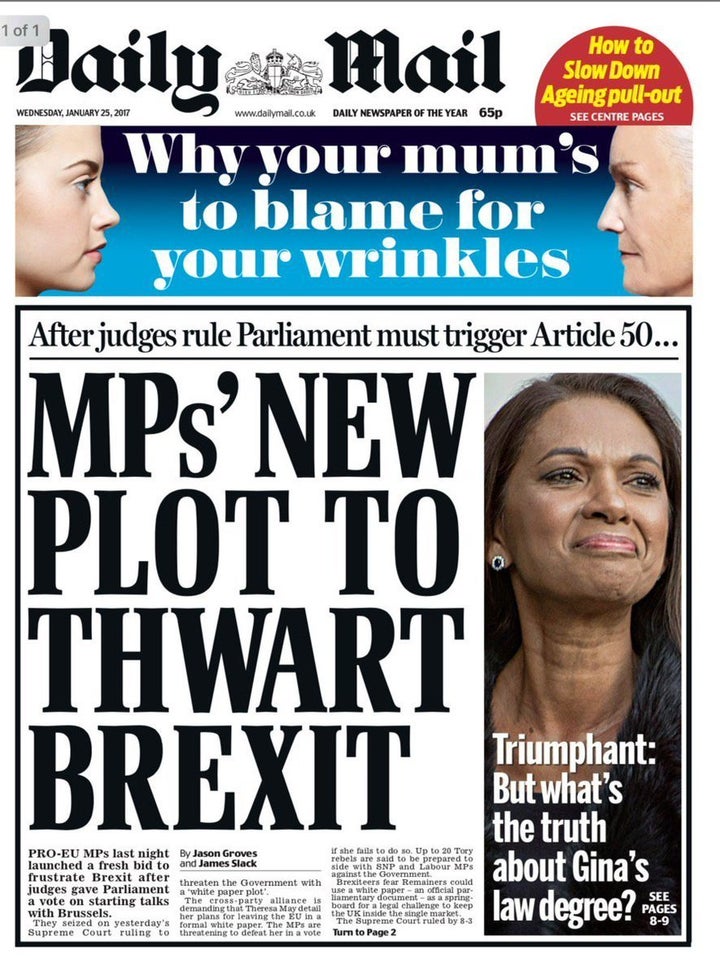 <strong>The Daily Mail's front page on January 25 after Miller's Supreme Court victory</strong>