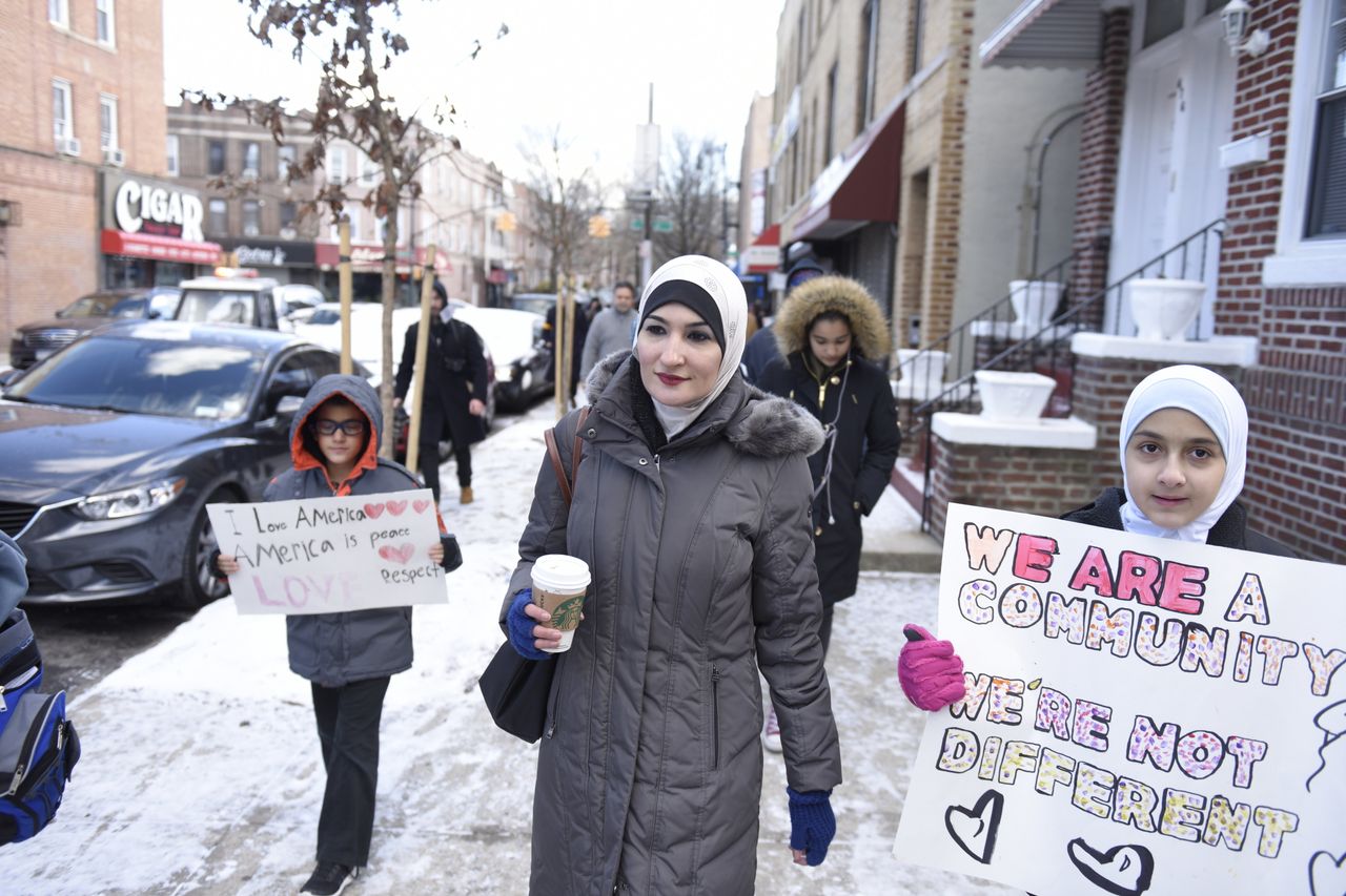 Linda Sarsour, executive director of the Arab American Association of New York, marches in Brooklyn in support of the local Muslim community, Jan. 18, 2016.