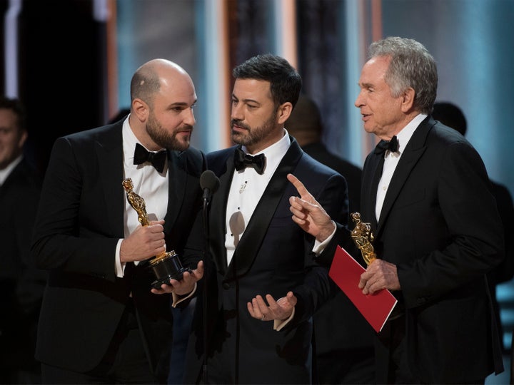 "La La Land" producer Jordan Horowitz, Jimmy Kimmel and Warren Beatty.