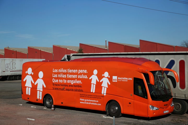 “Boys have penises, girls have vaginas. Don’t let them fool you," the bus's message reads. 