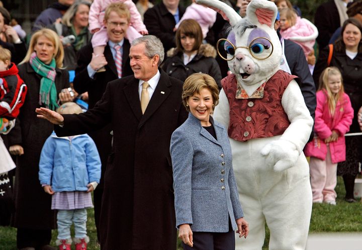 President George W. Bush, first lady Laura Bush and the Easter Bunny welcome guests to the annual Easter Egg Roll on March 24, 2008.