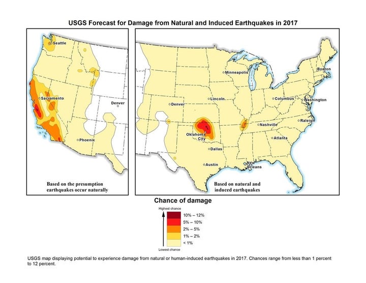 A U.S. Geological survey map showing parts of the United States most at risk for earthquakes.