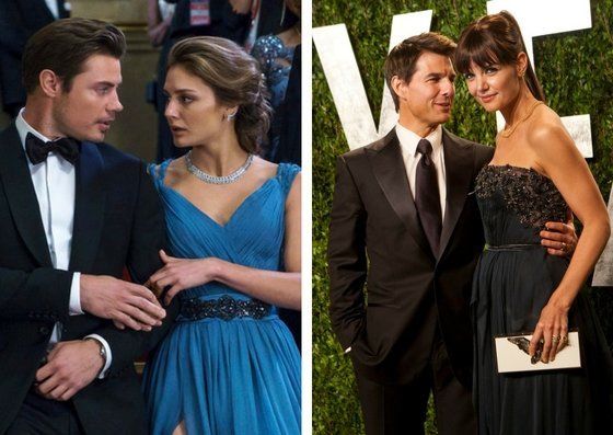 Josh Henderson and Christine Evangelista in "The Arrangement" and Tom Cruise and Katie Holmes at the Vanity Fair Oscars Party in 2012. 