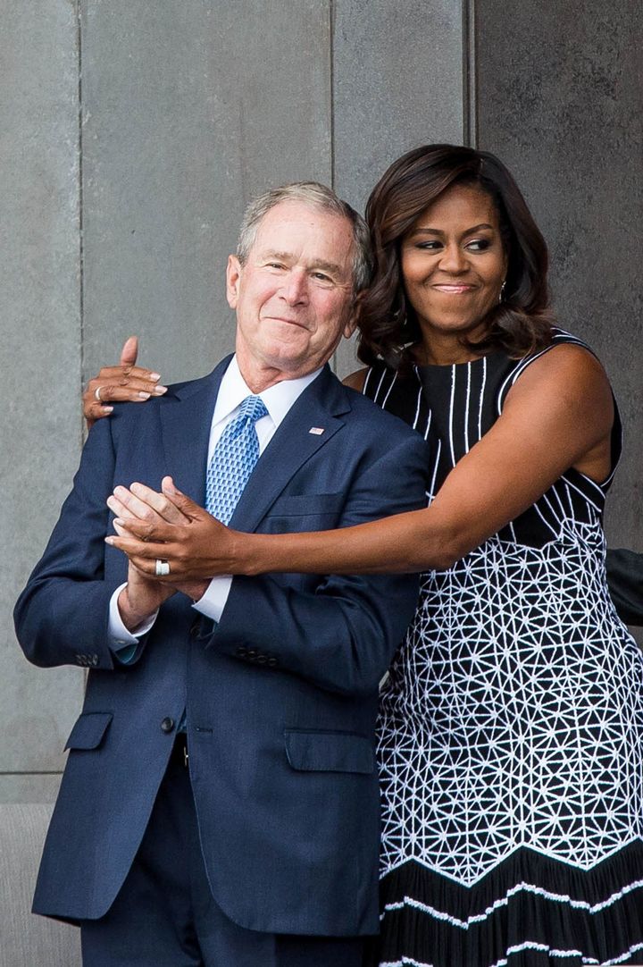 The viral photo of Bush and Obama at the opening ceremony for the Smithsonian National Museum of African American History and Culture.