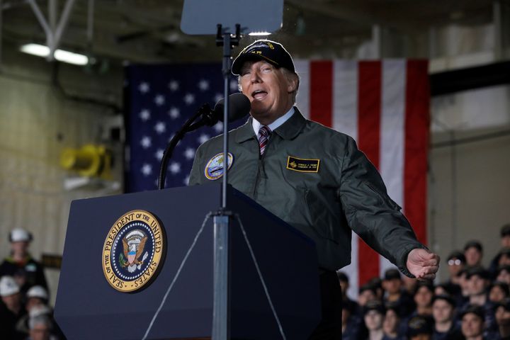 Trump delivers remarks aboard the pre-commissioned U.S. Navy aircraft carrier Gerald R. Ford.