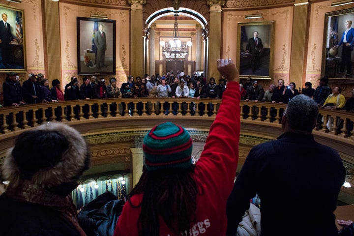 Last year, dozens gathered around the balcony of the Michigan State Capitol and called for the resignation of Governor Snyder
