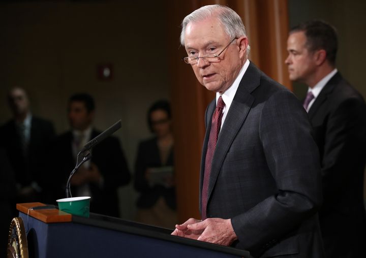 Attorney General Jeff Sessions speaks during a press conference at the Department of Justice.