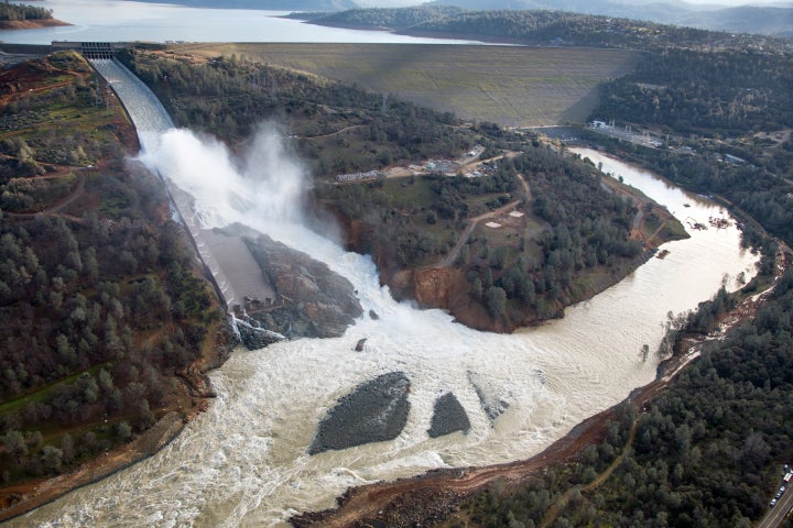 An aerial view of the damaged Oroville Dam spillway.