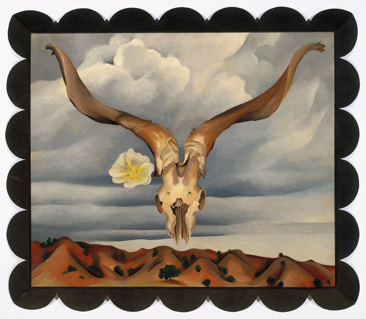 Georgia O’Keeffe, "Ram’s Head, White Hollyhock—Hills" (Ram’s Head and White Hollyhock, New Mexico), 1935, oil on canvas, 30 by 36 inches (76.2 by 91.4 centimeters).