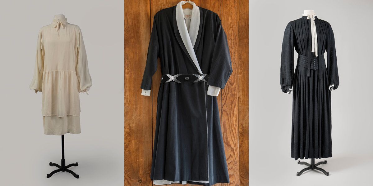 (L) An ivory sile crepe dress attributed to Georgia O’Keeffe, circa 1926, courtesy of Georgia O’Keeffe Museum and Juan and Anna Marie Hamilton; (M) a black cotton wrap dress, circa 1960s–70s, with an inner garment by Carol Sarkisian, courtesy of the Georgia O’Keeffe Museum; (R) dress with matching belt attributed to Georgia O’Keeffe, circa 1930s, courtesy of Georgia O’Keeffe Museum and Juan and Anna Marie Hamilton.