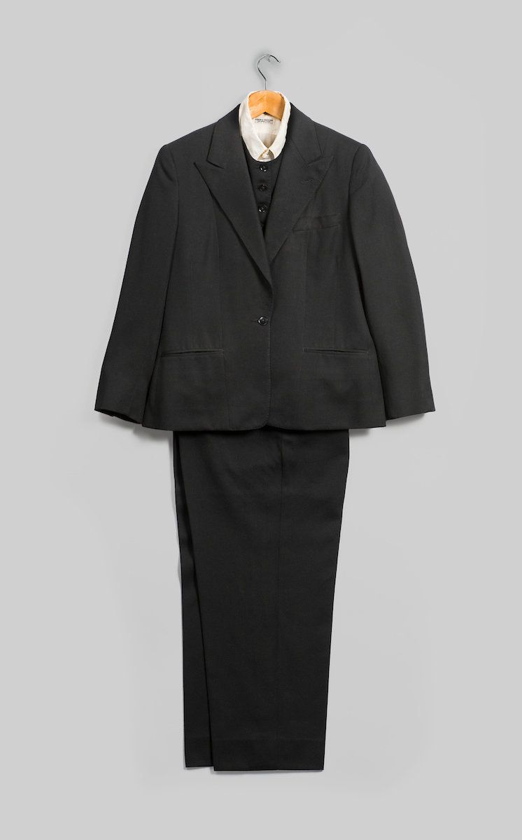 Emsley suit (jacket, pants, and vest), 1983, black wool, inner garment: Lord & Taylor, shirt, circa 1960s, white cotton. 