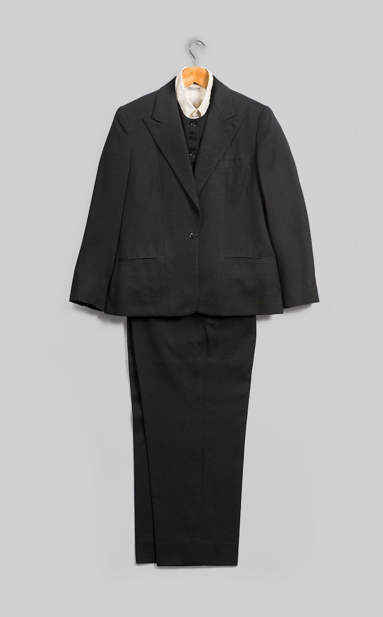 Emsley suit (jacket, pants, and vest), 1983, black wool, inner garment: Lord & Taylor, shirt, circa 1960s, white cotton.