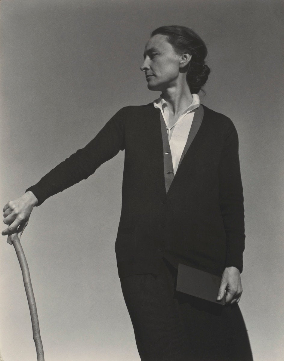 Alfred Stieglitz, portrait of Georgia O’Keeffe, Prospect Mountain, Lake George, 1927, gelatin silver print, 4⅝ by 3⅝ inches (11.8 by 9.3 centimeters).