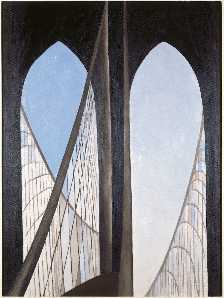 Georgia O’Keeffe, "Brooklyn Bridge," 1949, oil on Masonite, 48 by 35⅞ inches (121.8 by 91.1 centimeters). 