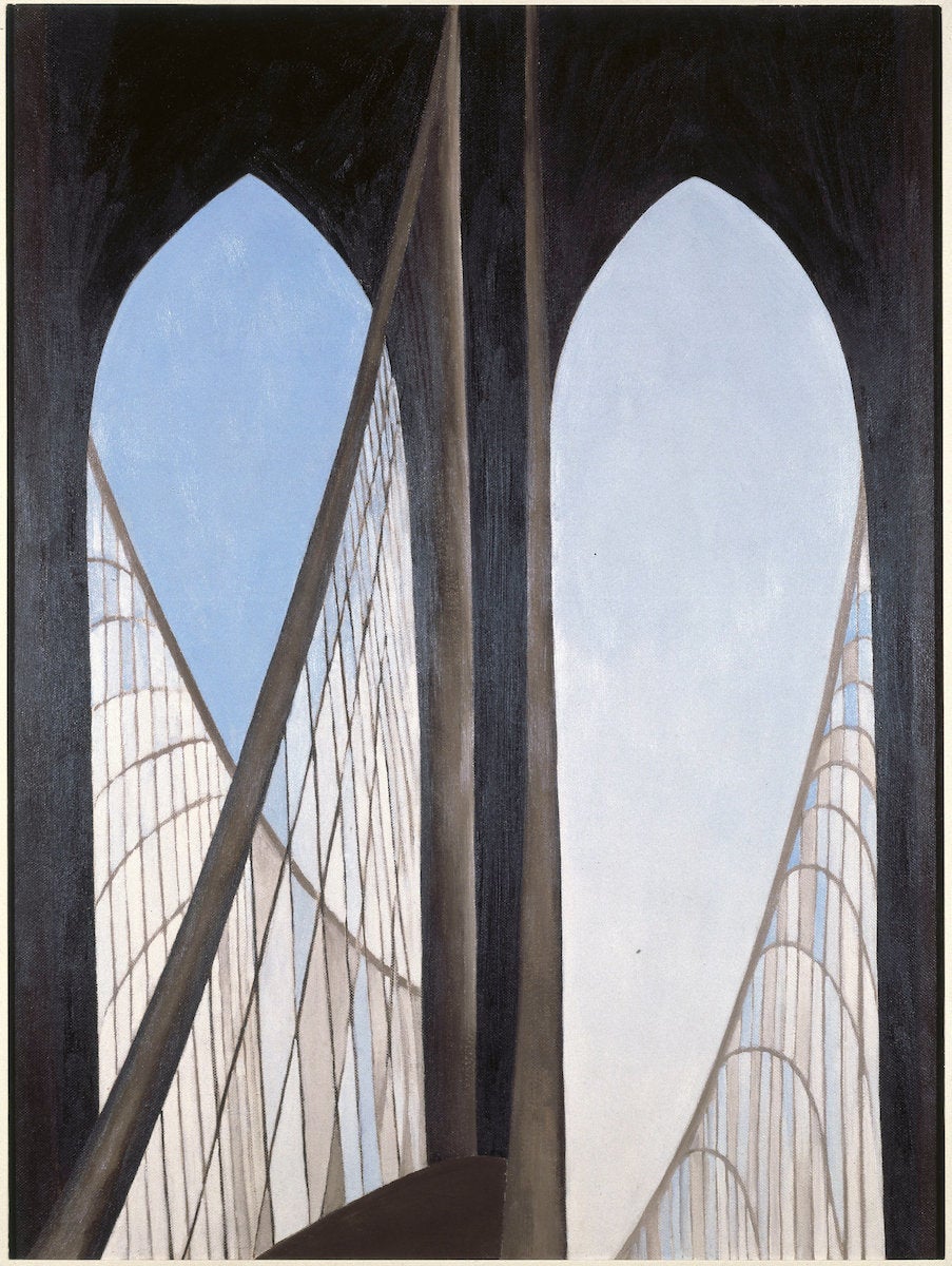 Georgia O’Keeffe, "Brooklyn Bridge," 1949, oil on Masonite, 48 by 35⅞ inches (121.8 by 91.1 centimeters).