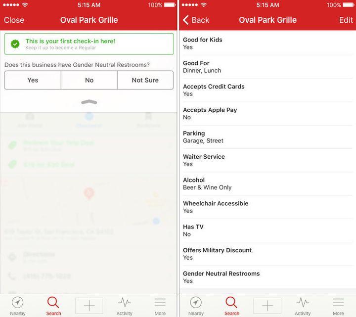 A screenshot of Yelp's new gender-neutral bathroom filtering feature, which began rolling out to users today.