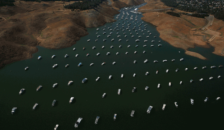 Bidwell Marina on Lake Oroville is seen in August 2014, followed by May 2016, in Oroville California.
