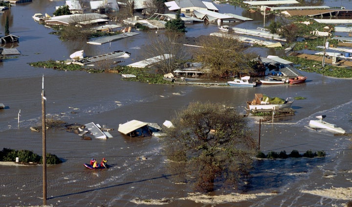 Floodwaters overtook The Islander Trailer Park near the San Joaquin River in Manteca, California in January 1997. The flood devastated Northern and Central California and forced 48 counties to be declared disaster areas. Eight people were killed.