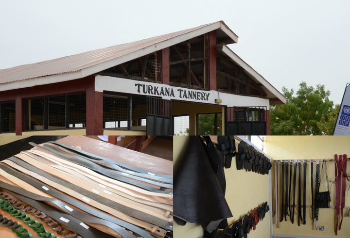 <p><em>Turkana Tannery. Inset are displays of some of the high quality leather products manufactured in the tannery. </em></p>