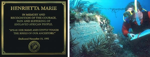 Henrietta Marie plaque inscription and submerged concrete monument, now transformed into a reef.