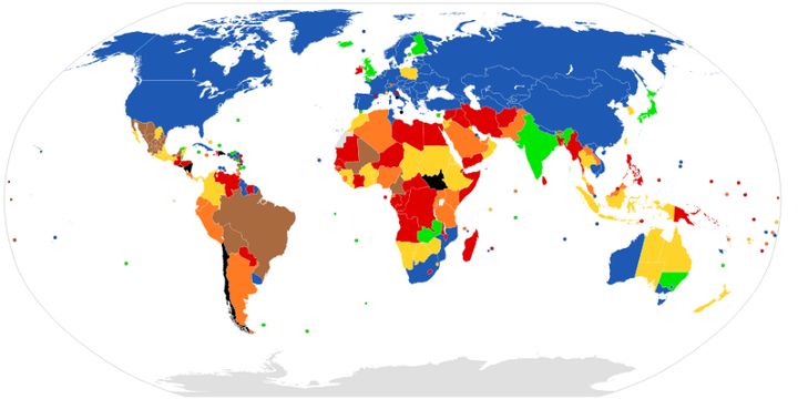 Blue=legal, green=semi-legal, yellow=restricted, brown=very restricted, orange=extremely restricted, red=almost fully restricted, black=completely illegal (source) 
