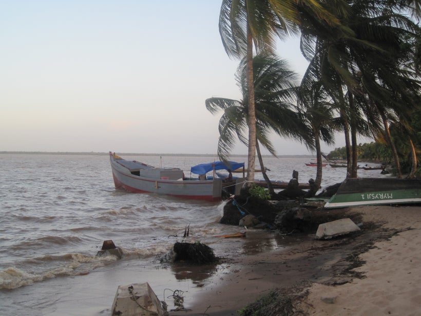 SK 1427 fishing boat from Paramaribo, used as survey vessel, anchored in front of Galibi