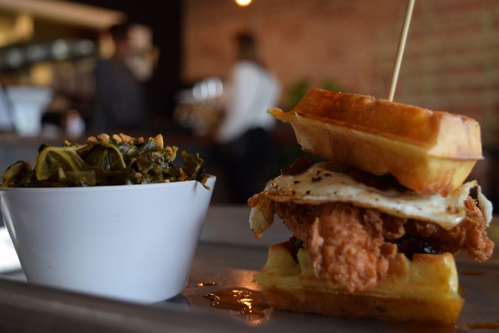 Chicken & Waffles with Braised Collard Greens at GB & D