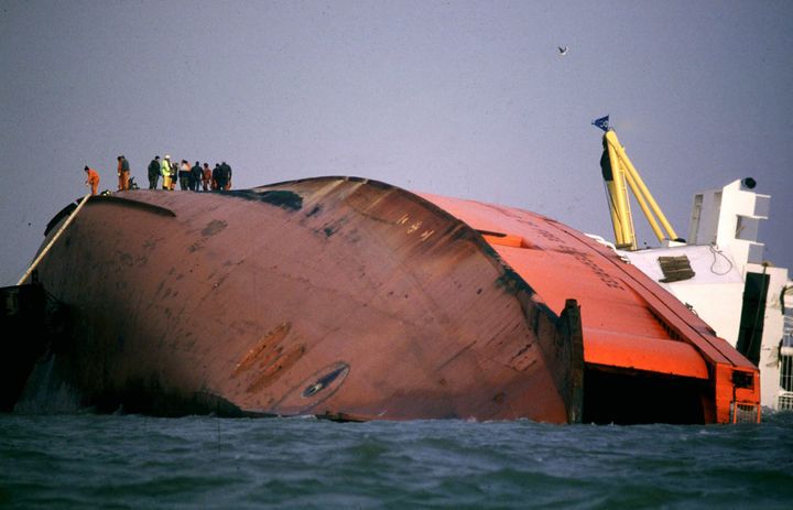 Rescuers on top of the wreck of the MS Herald of Free Enterprise on March 7, 1987 in Zeebrugge, Belgium