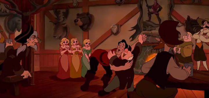 Gaston and LeFou celebrate one of his evil schemes with a dance