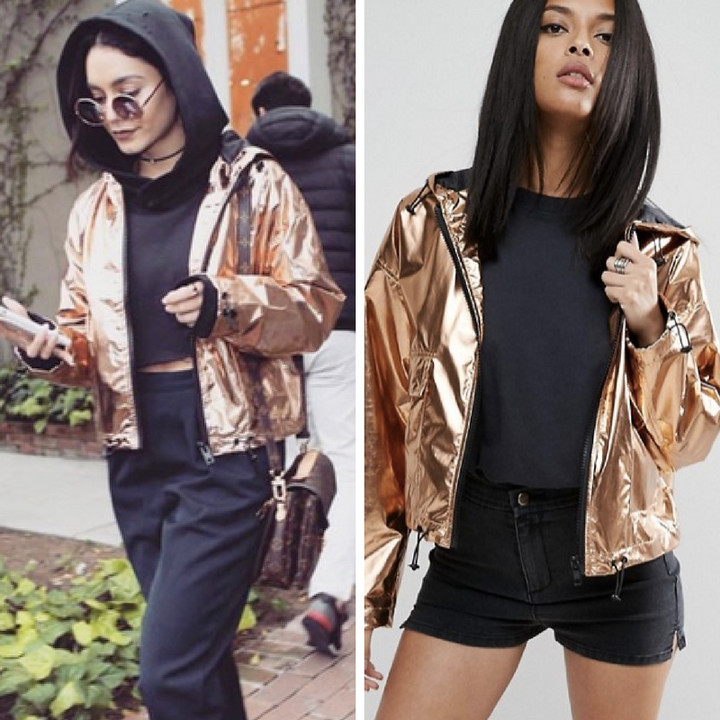 Vanessa Hudgens in black leather and shearling jacket and ripped