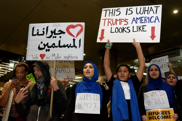 January: Demonstrators at Los Angeles International Airport protest against Trump's executive order to ban entry into the US to travelers from seven Muslim countries